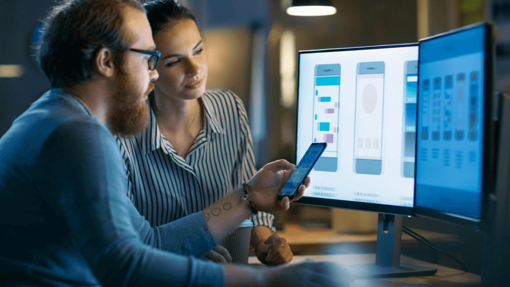 Quality assurance illustration featuring a UI/UX designer working on building a native Android e-commerce app with specific UX features, alongside a man and a woman conducting business analysis, ensuring a good app budget.